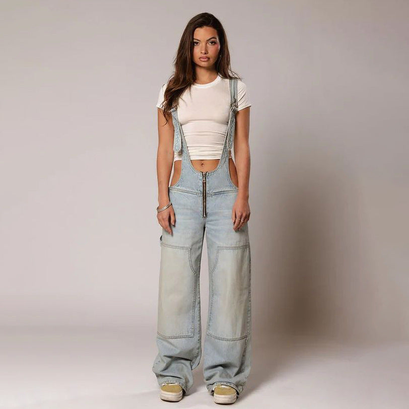 Y2K Zipper Denim Overalls With Pockets, Loose Suspender Jumpsuit ,Jeans Pants.