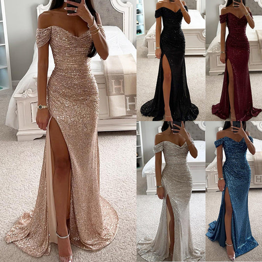 Off-Shoulder Sequin Party Dress – Elegant Split Swing Skirt Evening Gown