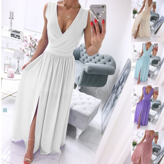 Women's Sleeveless V-Neck Front Split Maxi Dress – Summer Solid Color Long Skirt