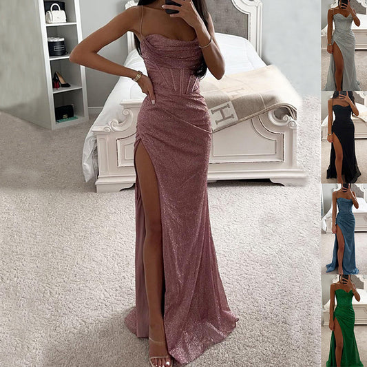 Sexy Split Suspender Dress – V-Neck Slim Long Party Dress for Women