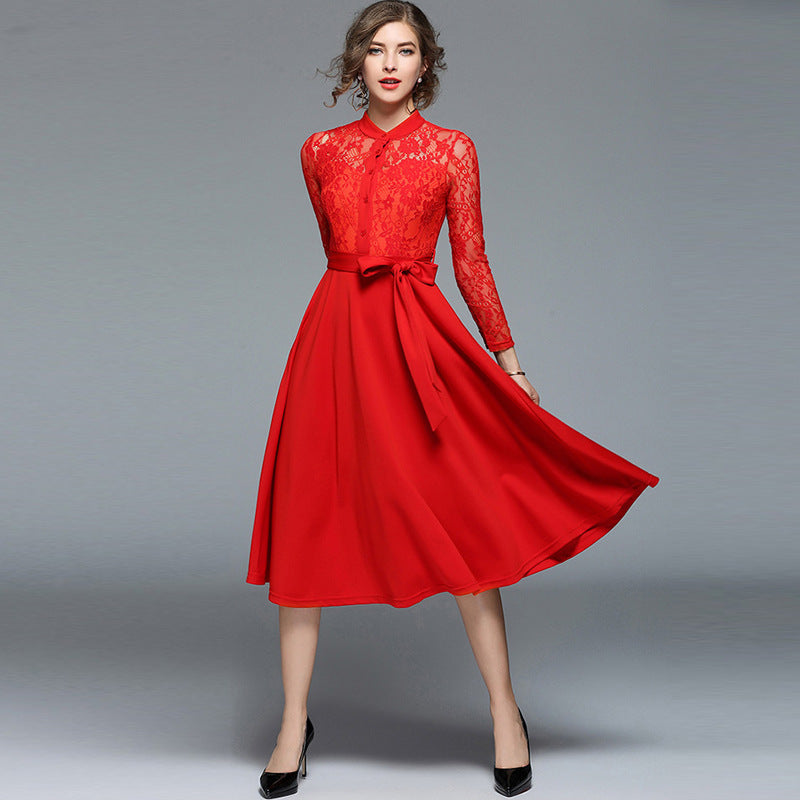 Women’s Hollowed-out Lace Patchwork Lace-Up Skirt