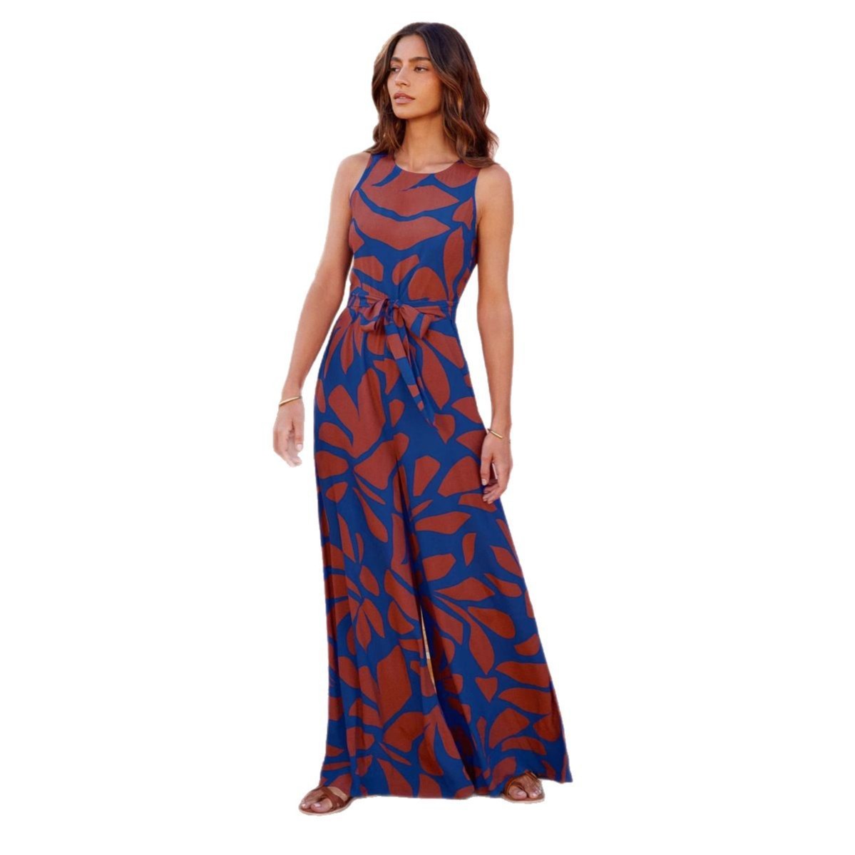 Round Neck Printed Jumpsuit – Sleeveless Waist-Controlled Summer One-Piece