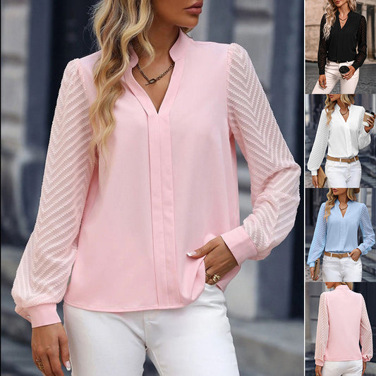 Elegant Lace V-Neck Chiffon Blouse – Long-Sleeved Temperament Top for Women