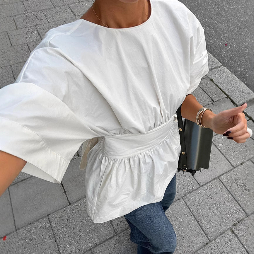 Summer Backless Short Sleeve T-shirt with Back-Tied Design – Fashion Bat Sleeve Top for Women