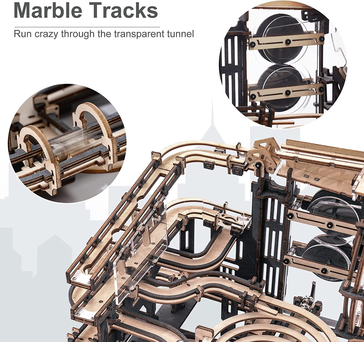 ROKR Marble Night City 3D Wooden Puzzle – Waterwheel Marble Run Kit