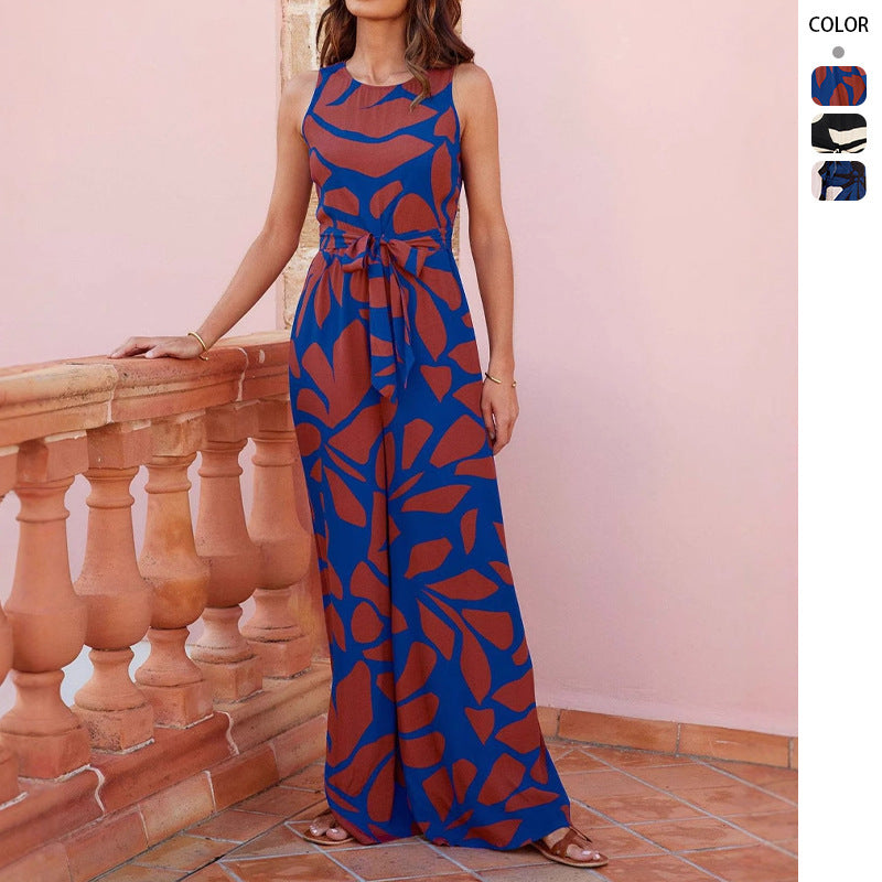 Round Neck Printed Jumpsuit – Sleeveless Waist-Controlled Summer One-Piece