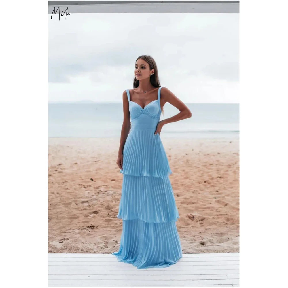 Mila Blue Sweetheart Neck Ball Gown Party Dresses Cascading Ruffle Chiffon Evening Dresses Backless Customized Prom Dresses 2025