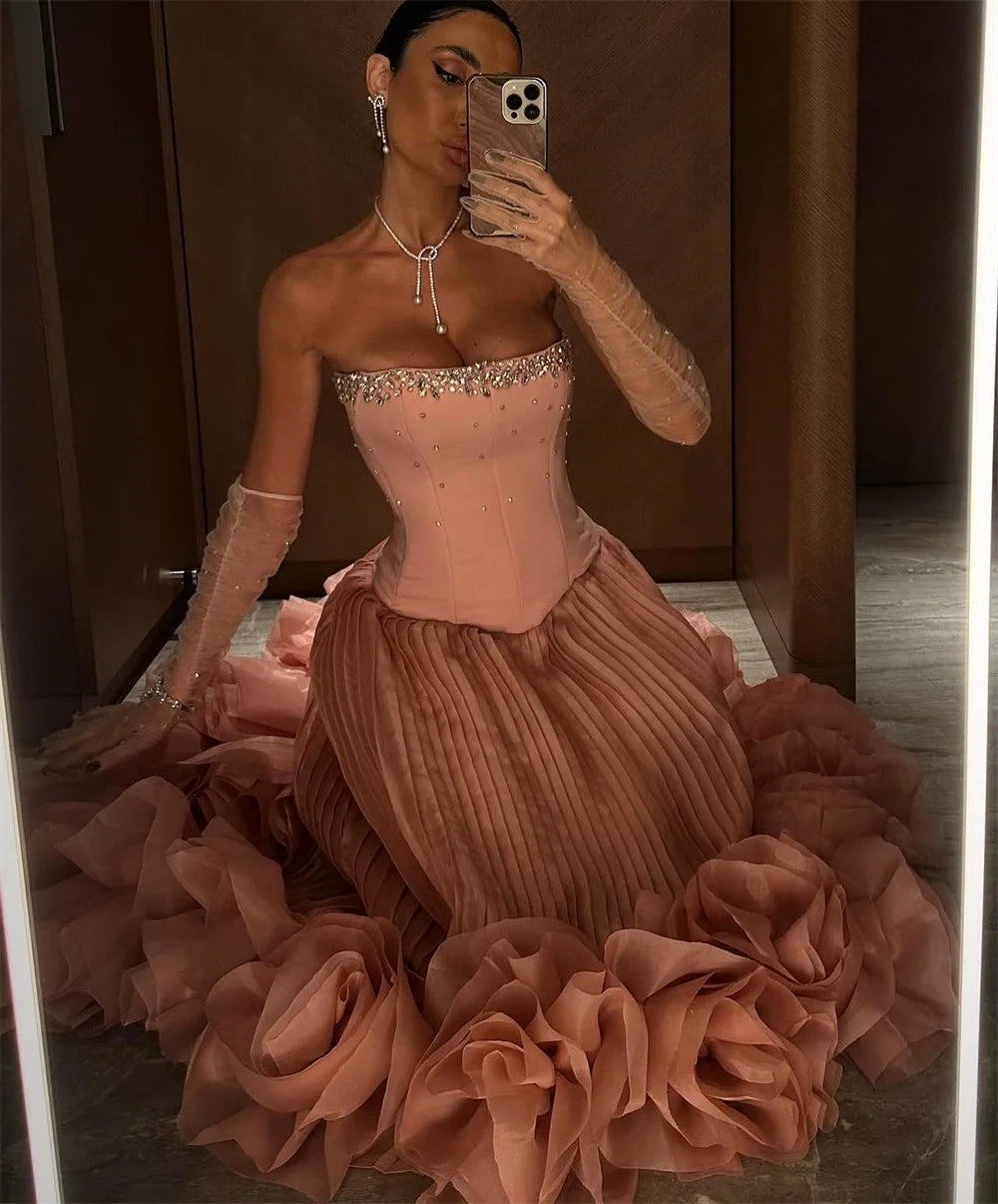 Mila Strapless Sheath Customized Prom Dress Detachable Sleeves Floor-Length Plus Size Wedding Dresses 3D Flower Evening Dresses