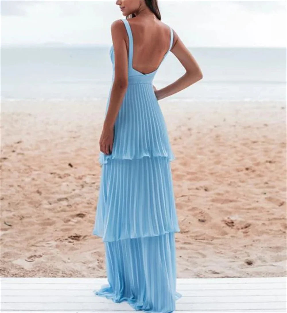 Mila Blue Sweetheart Neck Ball Gown Party Dresses Cascading Ruffle Chiffon Evening Dresses Backless Customized Prom Dresses 2025