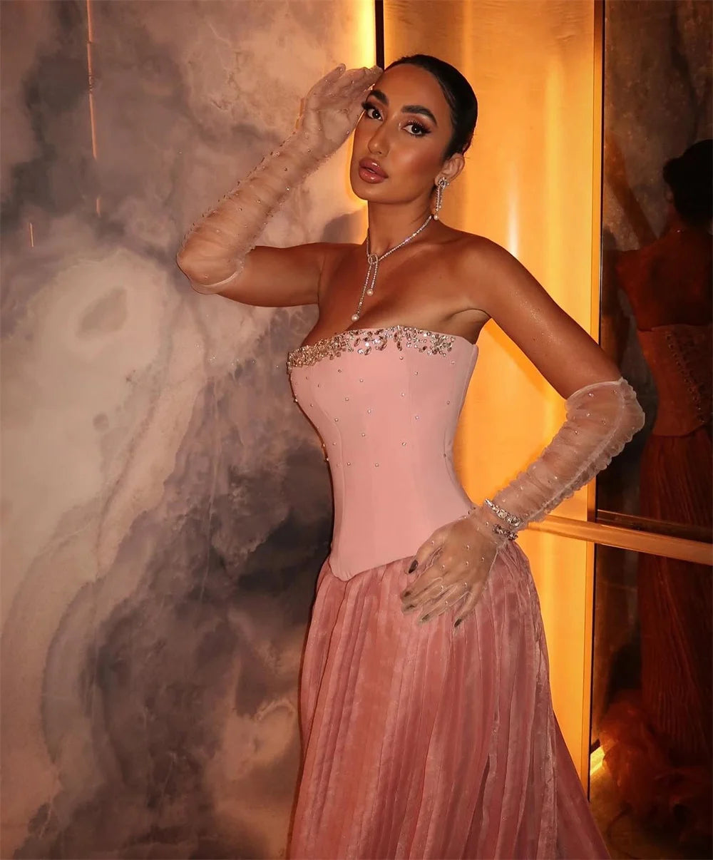 Mila Strapless Sheath Customized Prom Dress Detachable Sleeves Floor-Length Plus Size Wedding Dresses 3D Flower Evening Dresses