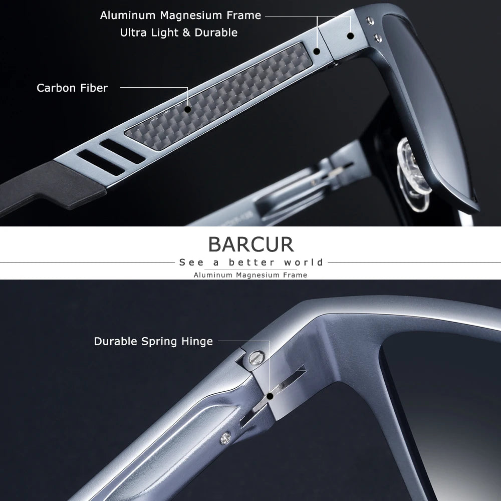 BARCUR Vintage Aluminium Magnesium Square Sunglasses Men Polarized Shades Women Sun Glasses For Men Sport Eyewear Oculos De Sol