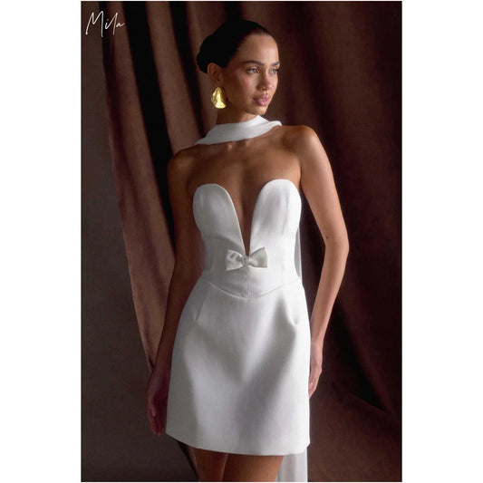 Mila Deep V-Neck Mini Bow Party Dresses Detachable Shawl  Evening Dresses Homecoming Elegant Customized Prom Dresses 2025