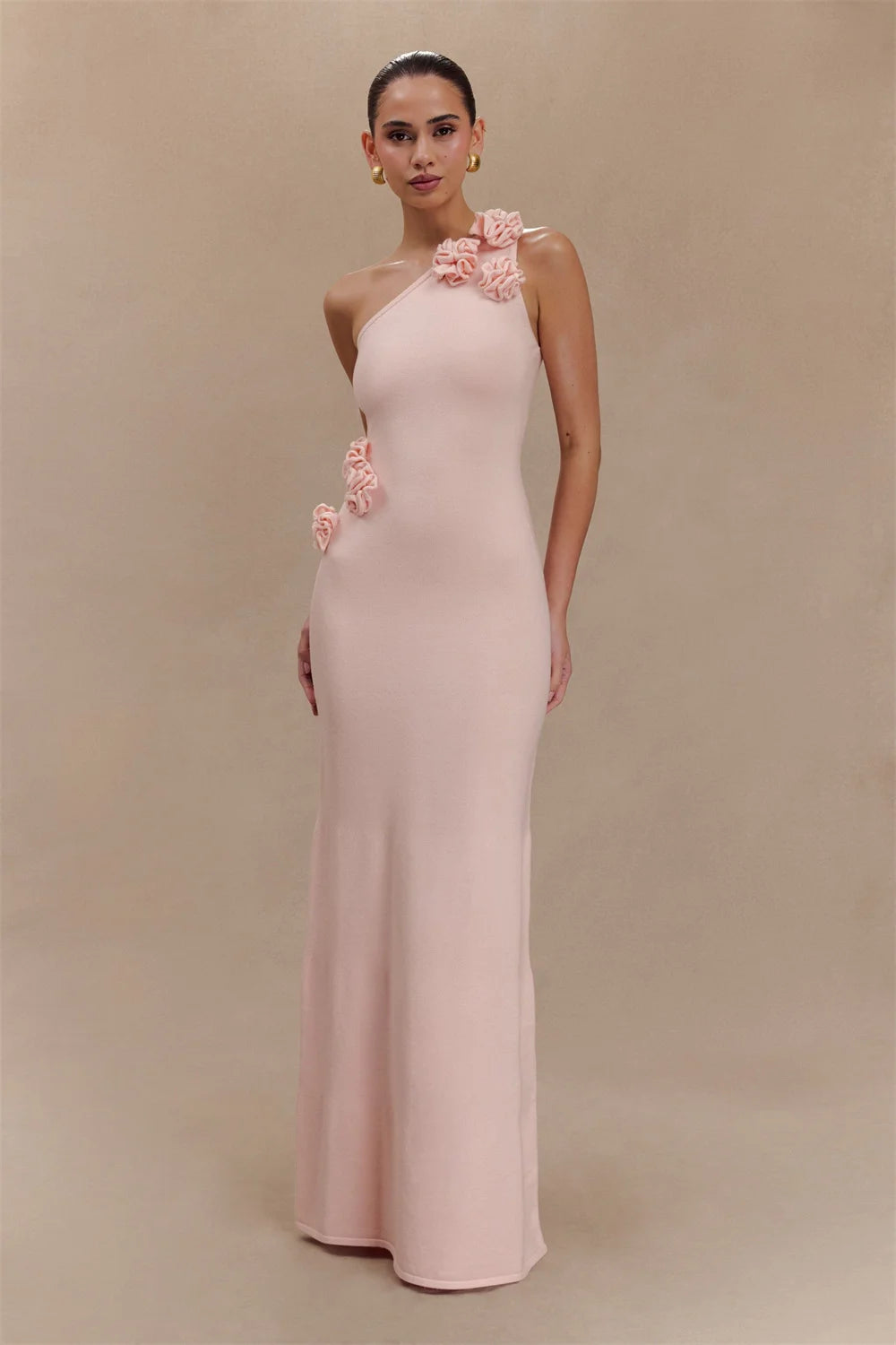 Mila Pink One Shoulder Mermaid Party Dresses 3D Flower Sheath Evening Dresses Floor-Length Elegant Customized Prom Dresses