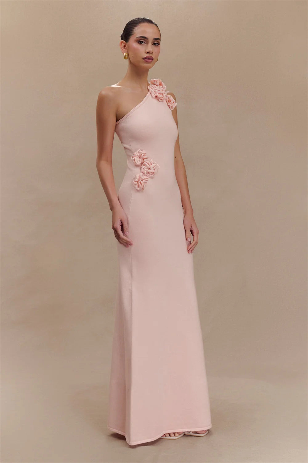 Mila Pink One Shoulder Mermaid Party Dresses 3D Flower Sheath Evening Dresses Floor-Length Elegant Customized Prom Dresses