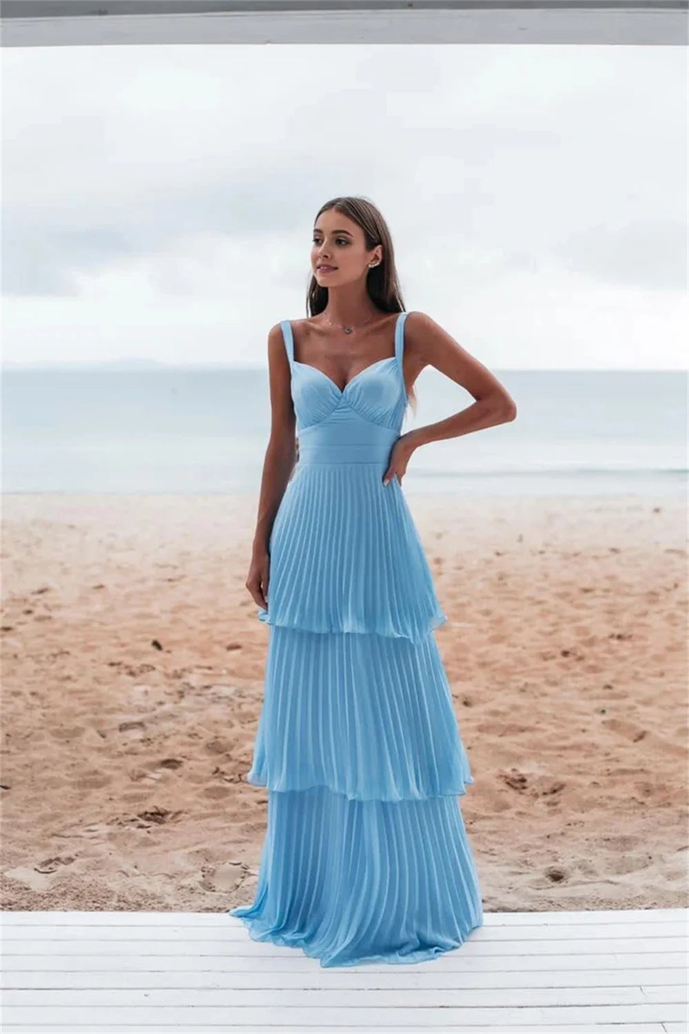Mila Blue Sweetheart Neck Ball Gown Party Dresses Cascading Ruffle Chiffon Evening Dresses Backless Customized Prom Dresses 2025