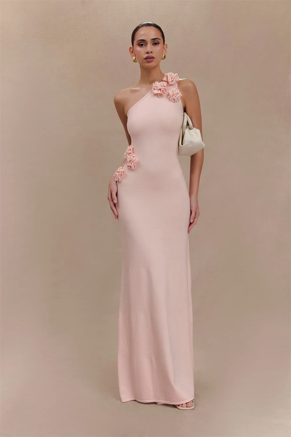Mila Pink One Shoulder Mermaid Party Dresses 3D Flower Sheath Evening Dresses Floor-Length Elegant Customized Prom Dresses