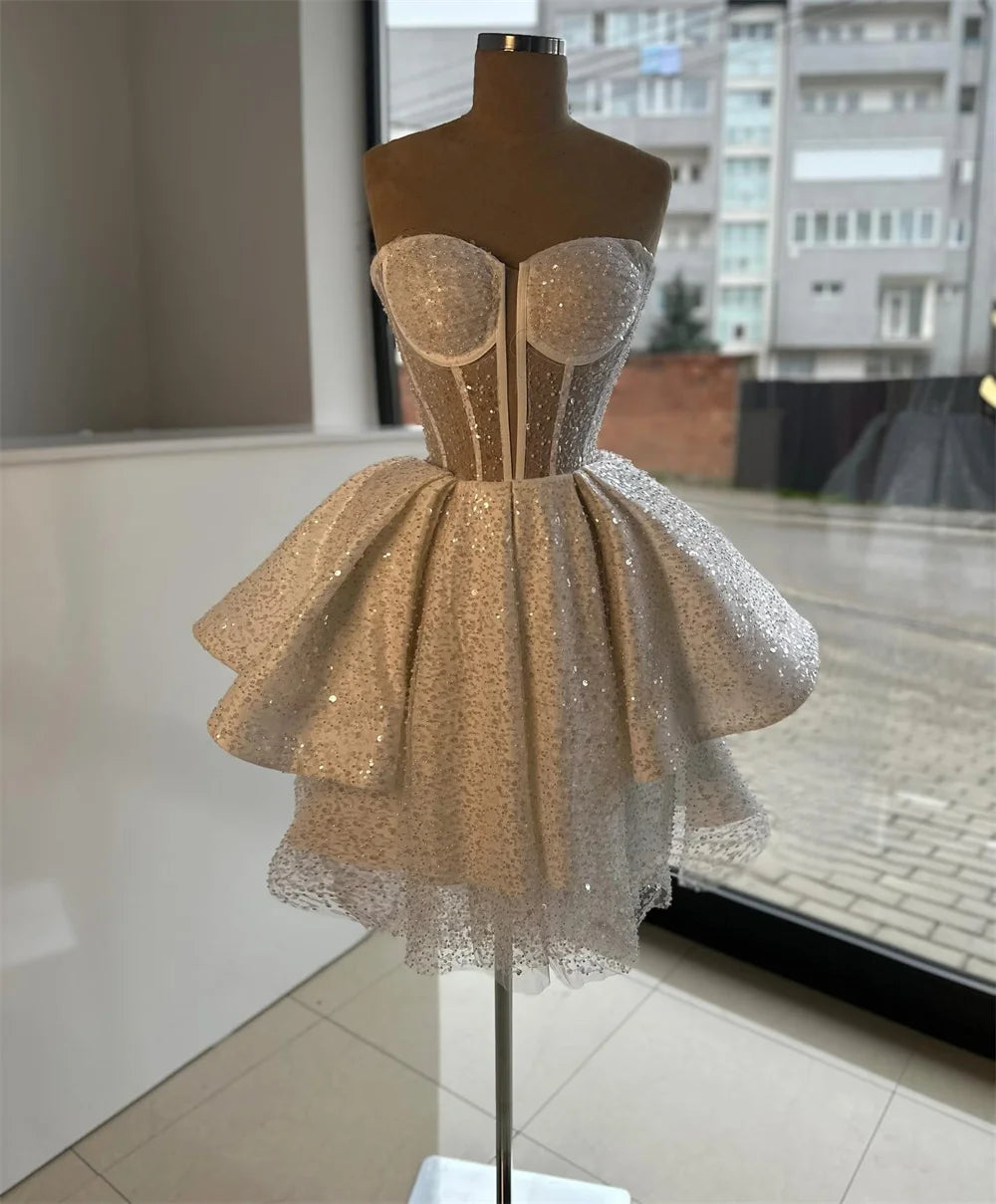 Mila Sweetheart Neck A-Line Prom Dresses 2025 Short Sleeve Corset Evening Dresses Shine Sequins Customized Mini Party Dresses
