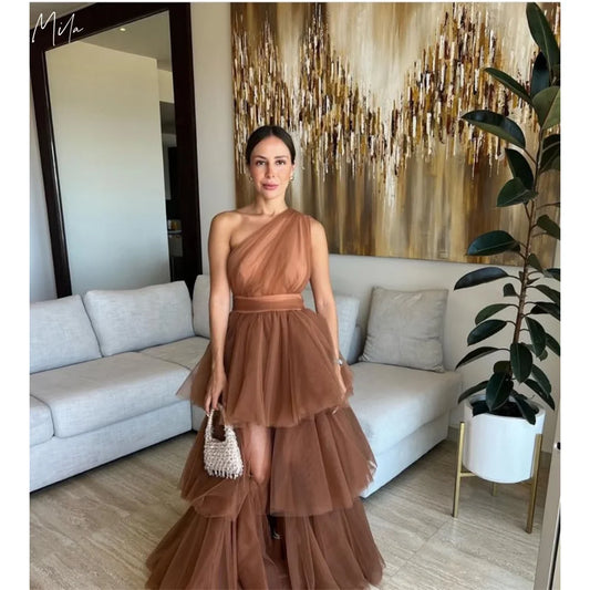 Mila واحد الكتف الكرة ثوب طبقات الكشكشة حزب فساتين تول عارية الذراعين حفلة موسيقية فساتين عالية منخفضة مخصصة فساتين سهره نسائيه فخمة