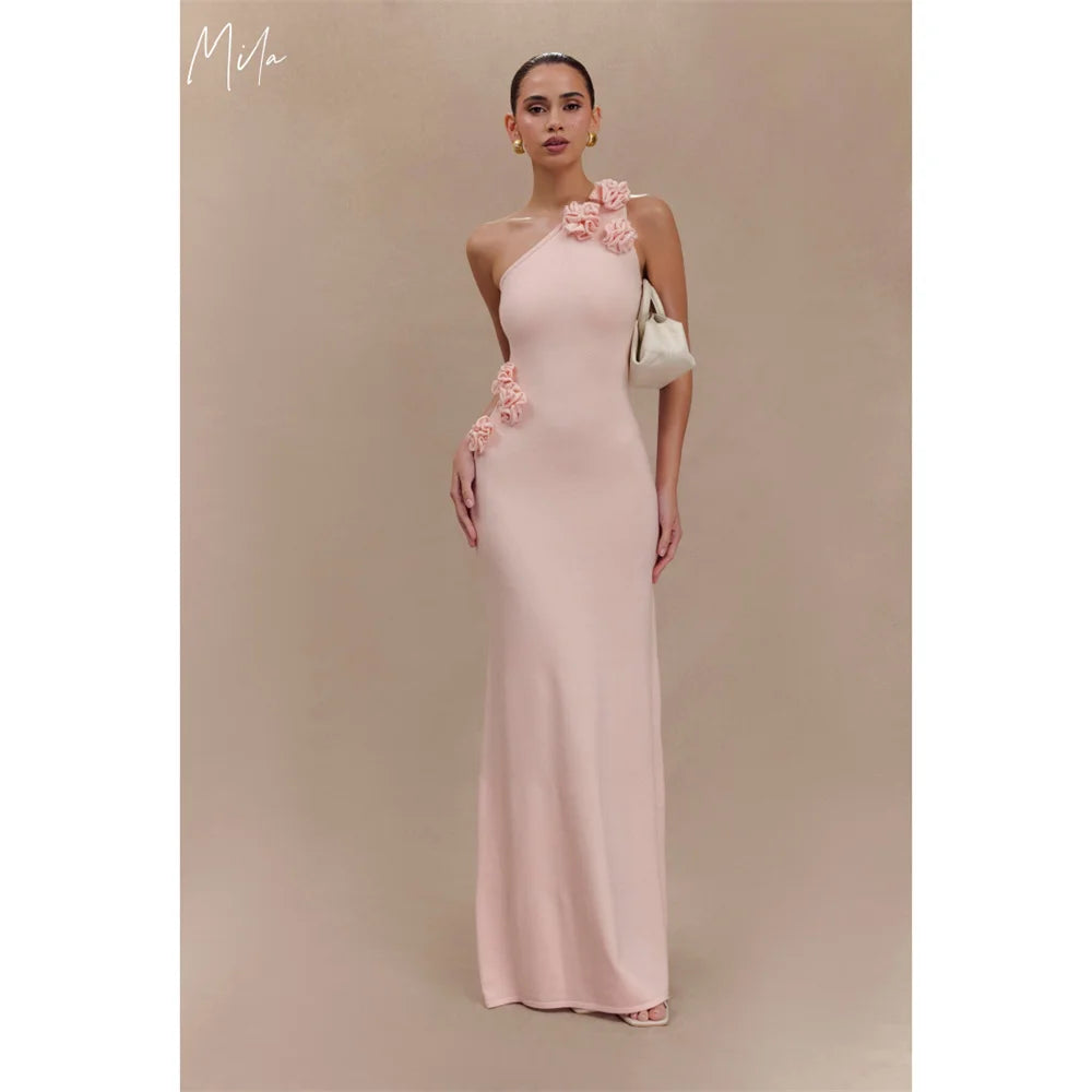 Mila Pink One Shoulder Mermaid Party Dresses 3D Flower Sheath Evening Dresses Floor-Length Elegant Customized Prom Dresses