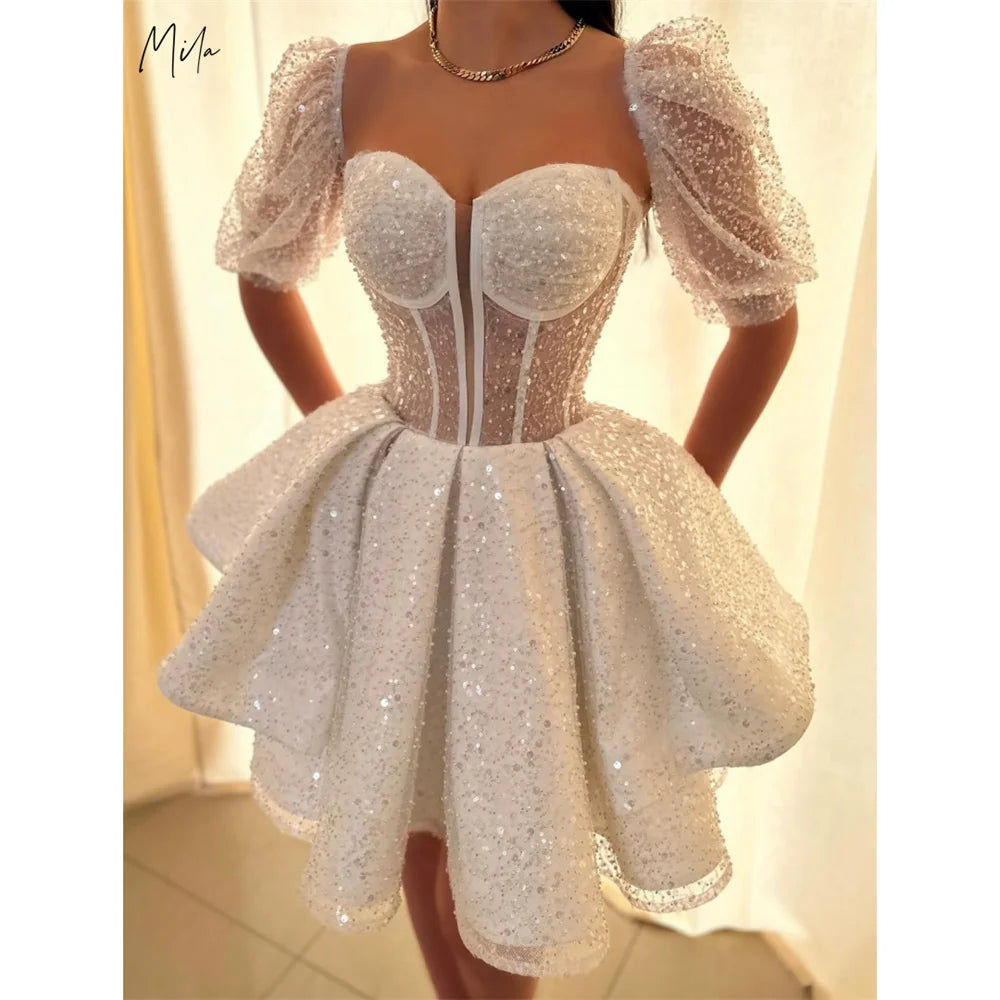 Mila Sweetheart Neck A-Line Prom Dresses 2025 Short Sleeve Corset Evening Dresses Shine Sequins Customized Mini Party Dresses