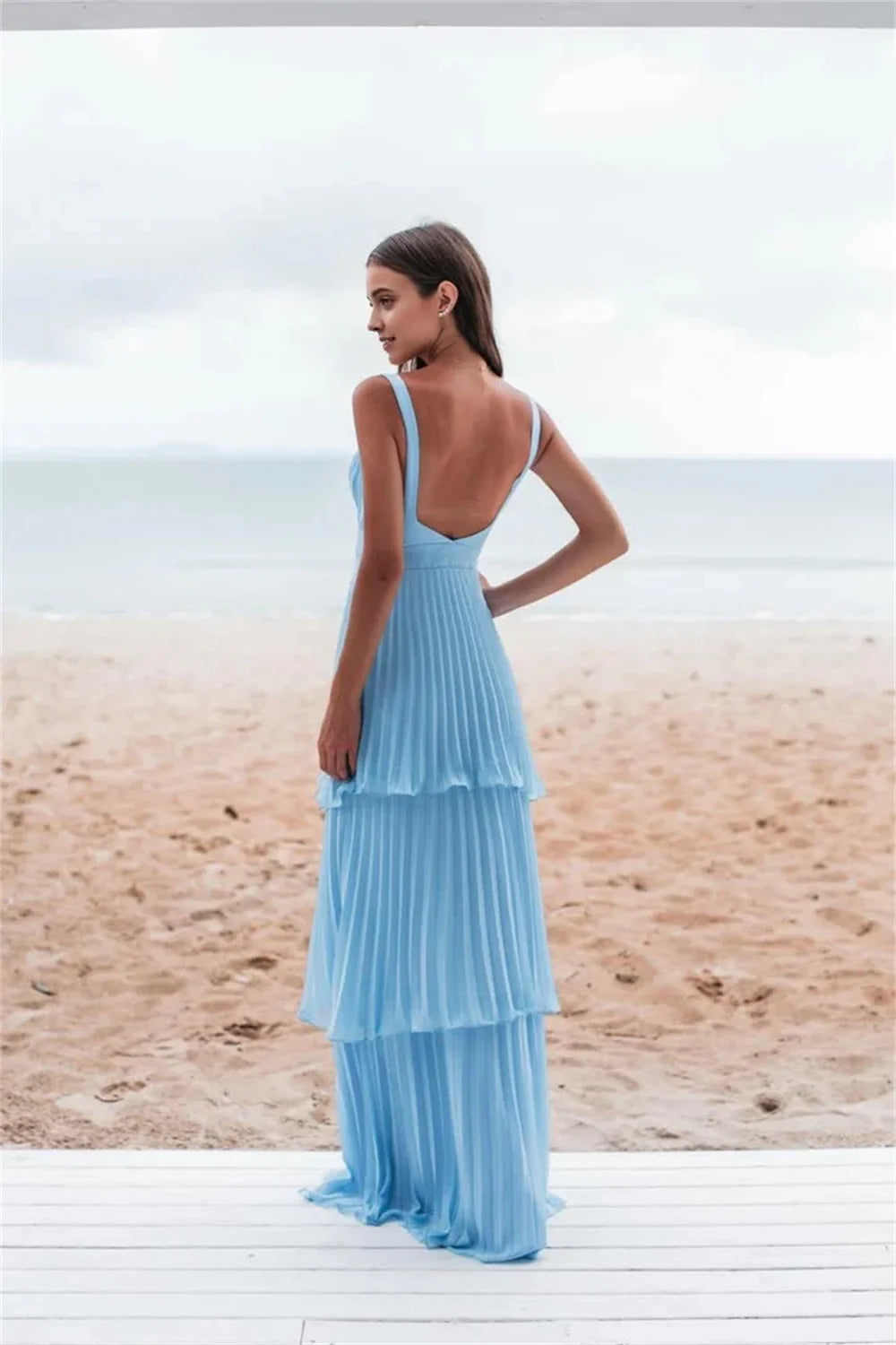 Mila Blue Sweetheart Neck Ball Gown Party Dresses Cascading Ruffle Chiffon Evening Dresses Backless Customized Prom Dresses 2025