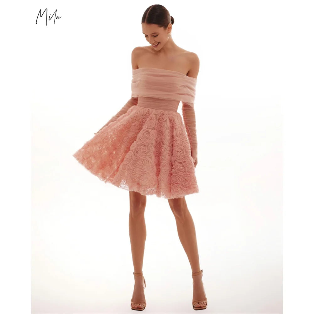 Mila Cameo Brown Off the Shoulder Mini Party Dresses 3D Flower Lace-Up Evening Dresses Backless Ctue Customized Prom Dresses