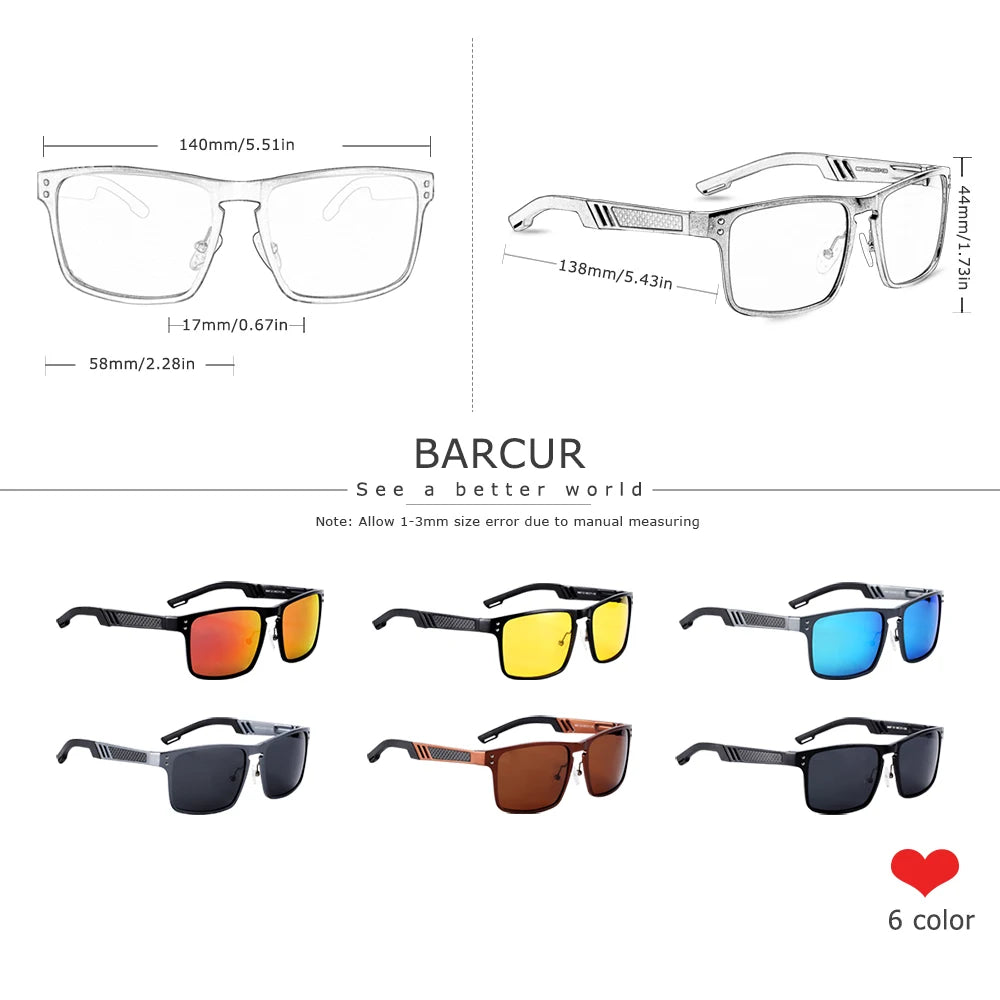 BARCUR Vintage Aluminium Magnesium Square Sunglasses Men Polarized Shades Women Sun Glasses For Men Sport Eyewear Oculos De Sol