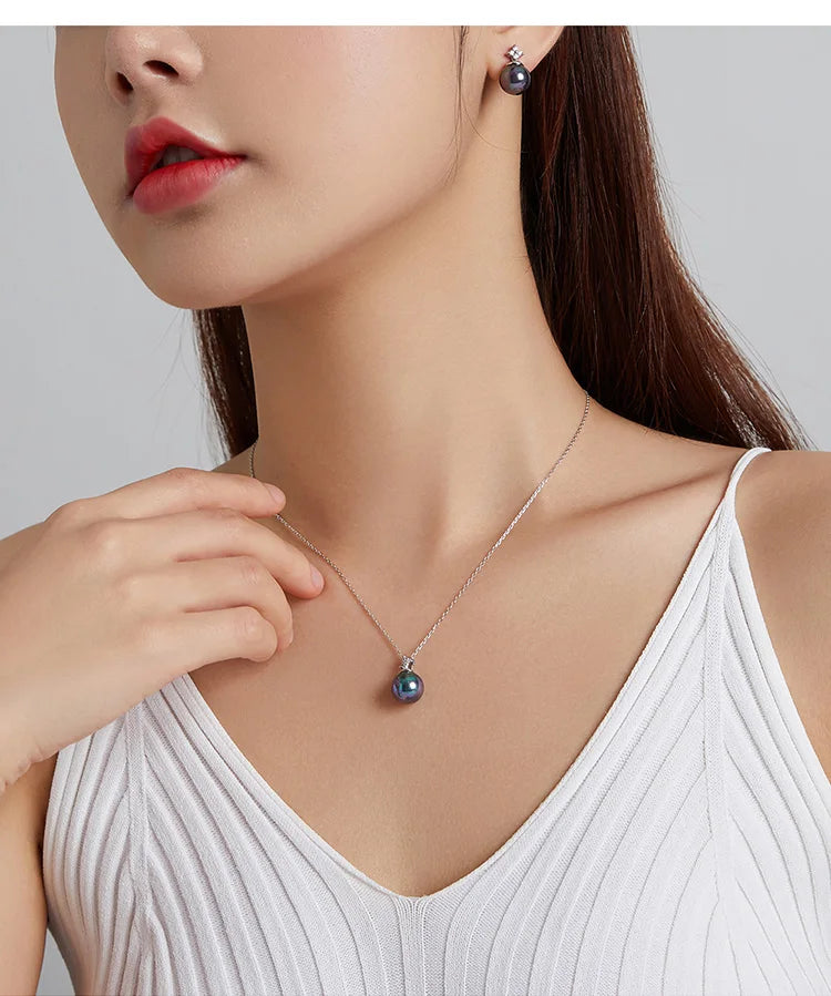 bamoer 925 Sterling Silver Elegant Black Pearl Earrings Necklace Shell Pearl Necklace Chain for Women Fine Jewelry Set BSN226