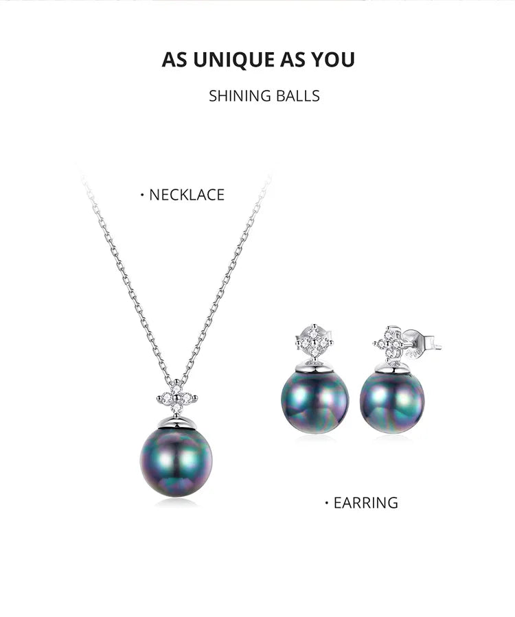 bamoer 925 Sterling Silver Elegant Black Pearl Earrings Necklace Shell Pearl Necklace Chain for Women Fine Jewelry Set BSN226
