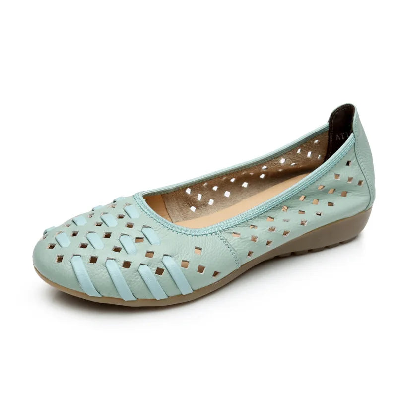 WOIZGIC Mother Women Shoes Sandals Flats Hollow Out Genuine Leather Slip On Loafers Soft Summer Beach Vintage Plus Size 42 43