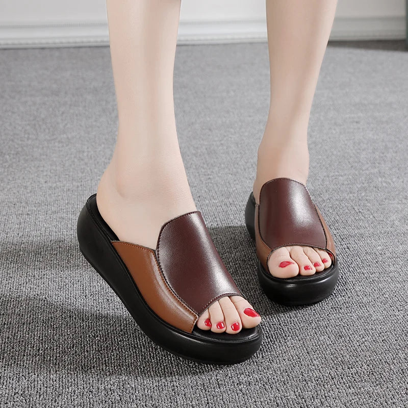 GrabliWorld Women’s Genuine Leather Platform Flip Flops – Summer 2025