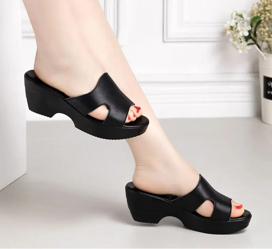 GrabliWorld Women’s Genuine Leather Peep Toe Wedge Sandals Platform Slippers Summer Shoes Plus Size 41-42