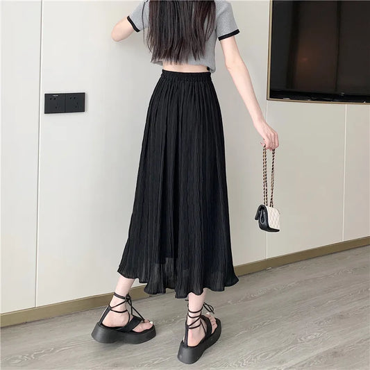QFZ460 Korean Version Loose Ruffled Chiffon Women's Mid Length Dress 2023 Summer Women's High Waisted Versatile