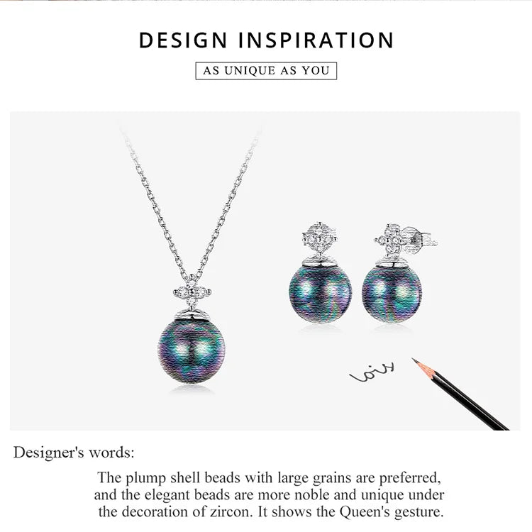 bamoer 925 Sterling Silver Elegant Black Pearl Earrings Necklace Shell Pearl Necklace Chain for Women Fine Jewelry Set BSN226