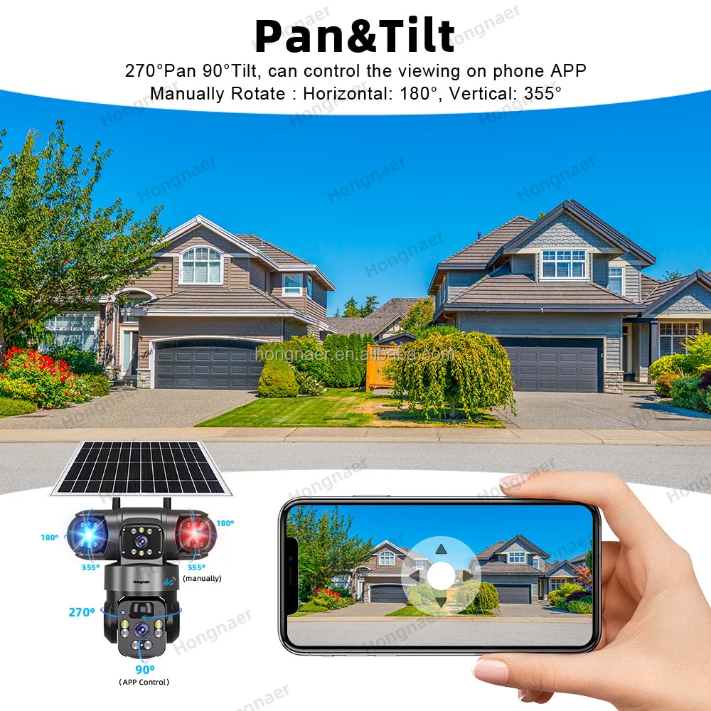 Hongnaer 4MP Wireless 3 Video Solar PTZ 4G Surveil Camera V380 Pro Dual Lens Outdoor Security 4G Sim Card CCTV 4G Solar Camera