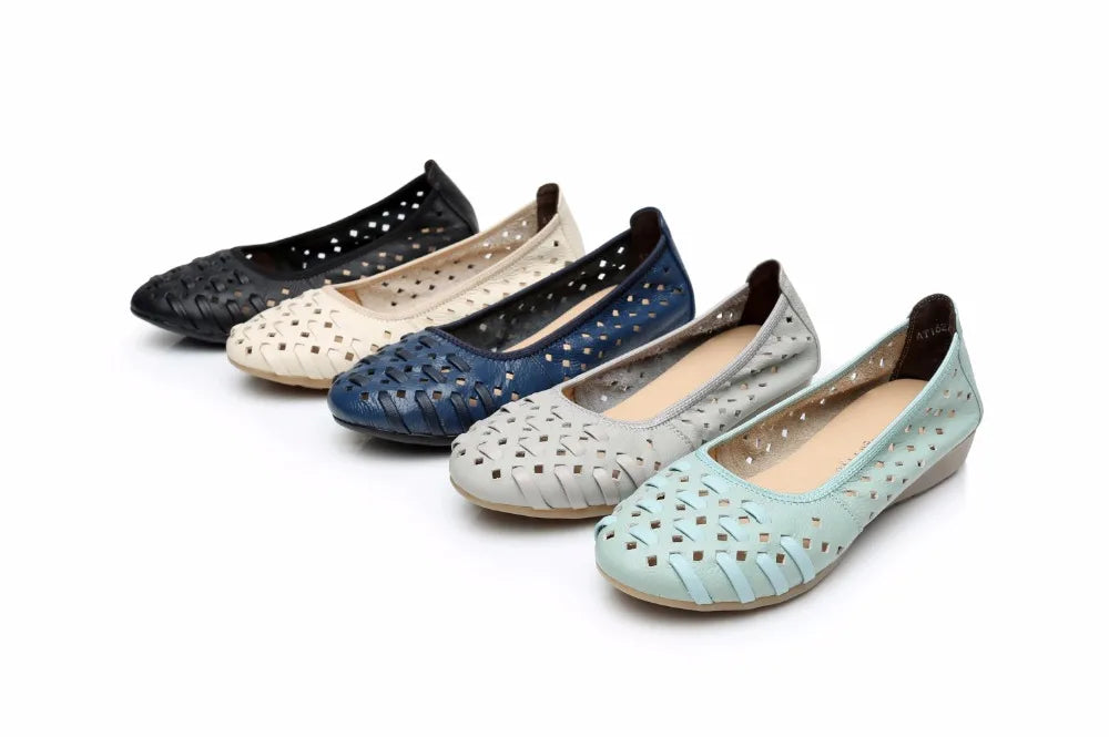 WOIZGIC Mother Women Shoes Sandals Flats Hollow Out Genuine Leather Slip On Loafers Soft Summer Beach Vintage Plus Size 42 43