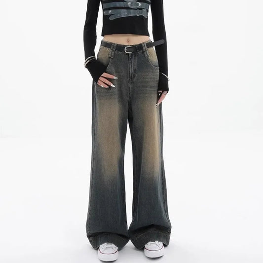 2025 Spring American-Style Washed Wide-Leg Jeans for Women – Loose Fit, Straight Cut, Slimming Effect