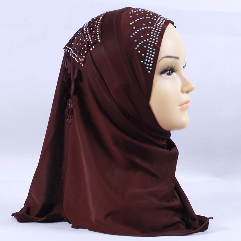 Amira-Muslim Girls Headwear with Diamond Tassel Islamic Prayer Headscarf Arab Soft Wrapped Scarf Plain Shawls Middle East