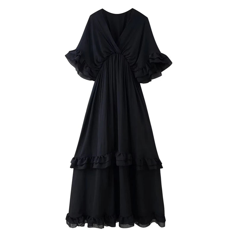 TAOP&ZA 2025 Summer New Women's Clothing Temperament Simple Fashion V-neck Short-sleeved Ruffled Dress Long Skirt 6882