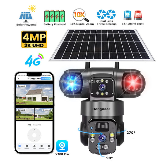 Hongnaer 4MP Wireless 3 Video Solar PTZ 4G Surveil Camera V380 Pro Dual Lens Outdoor Security 4G Sim Card CCTV 4G Solar Camera