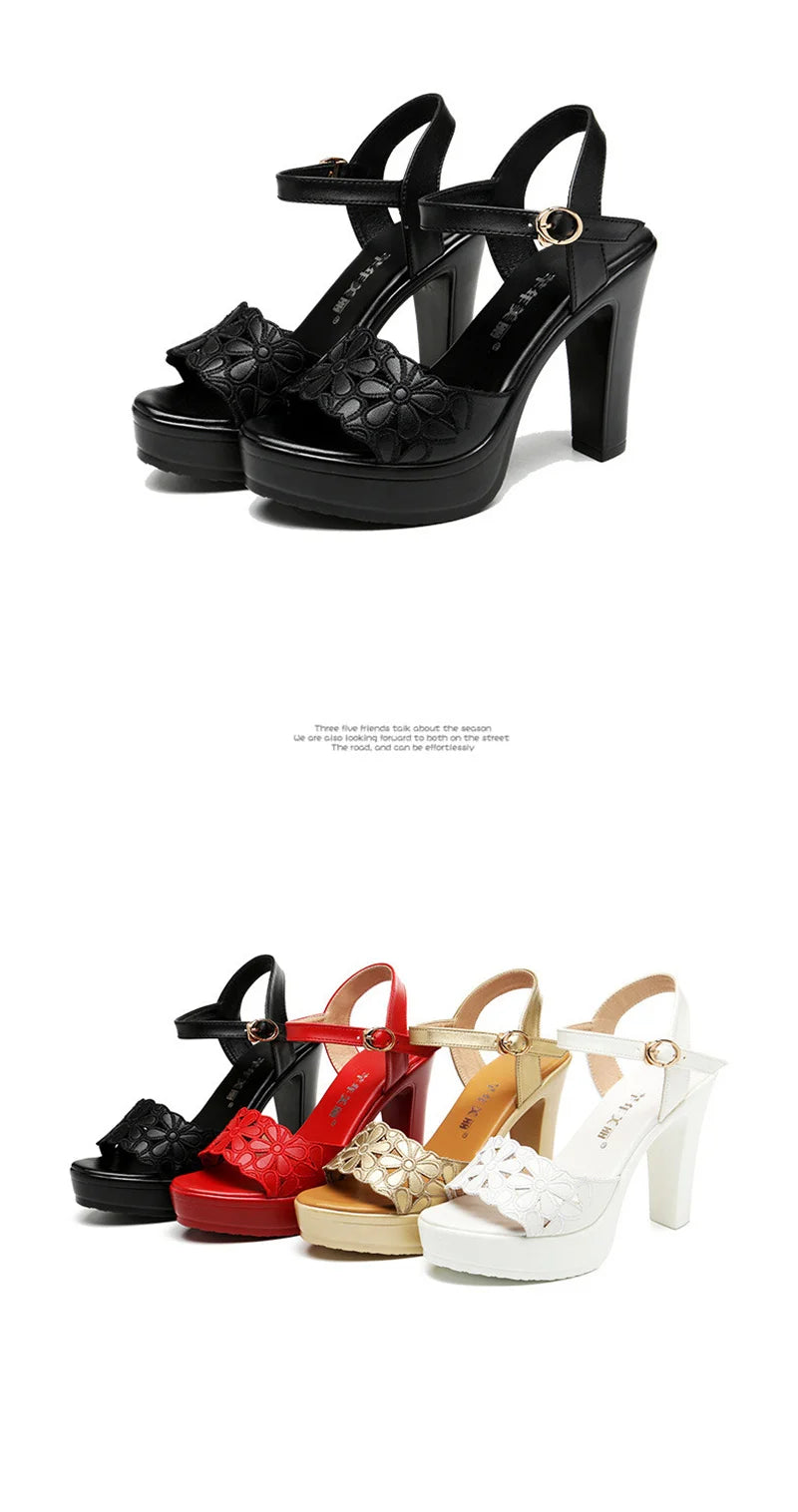 Women’s Plus Size Floral Carved Block Heel Buckle Platform Sandals – Wedding & Office Shoes