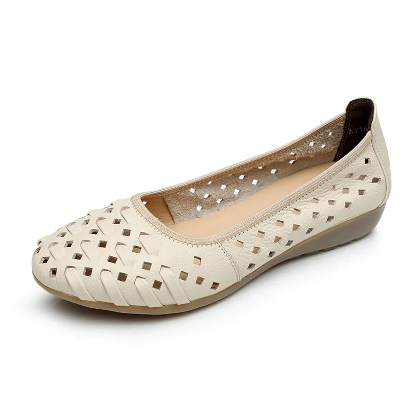 WOIZGIC Mother Women Shoes Sandals Flats Hollow Out Genuine Leather Slip On Loafers Soft Summer Beach Vintage Plus Size 42 43