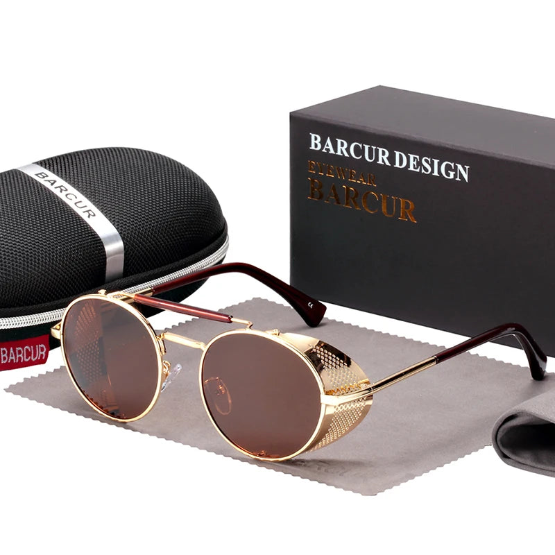 BARCUR Vintage Retro Round Polarized Steampunk Sunglasses Men Sun Glasses For Women Style UV400 Protection