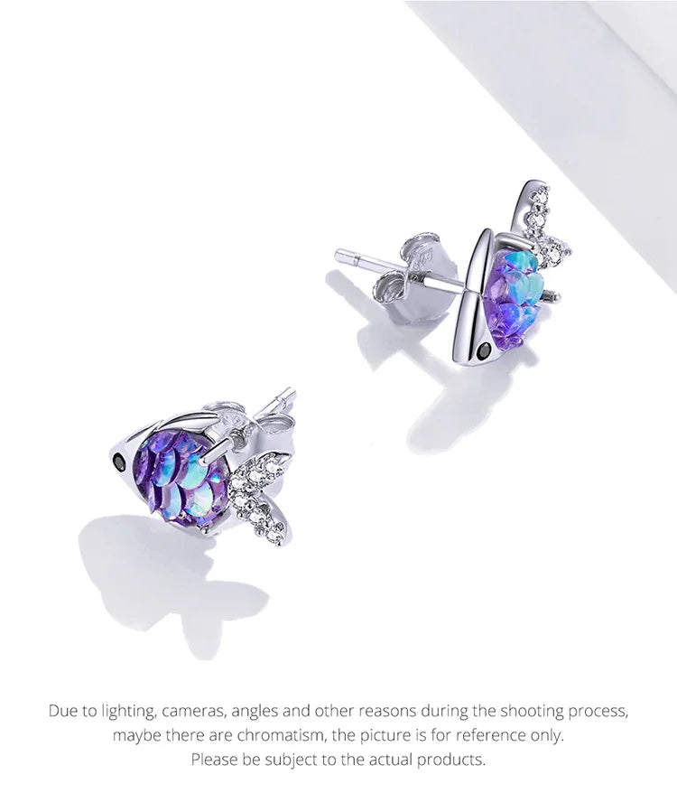 Bamoer 925 Sterling Silver Purple Fish Jewelry Set Happy Tropical Litte Fish Earrings Necklace for Women Fashion Jewelry SCE1028