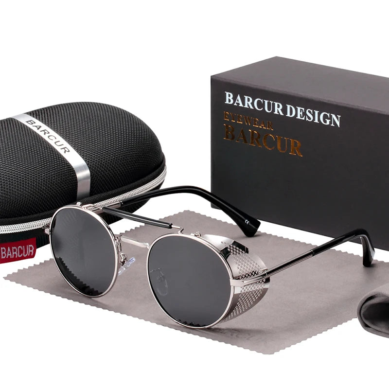 BARCUR Vintage Retro Round Polarized Steampunk Sunglasses Men Sun Glasses For Women Style UV400 Protection