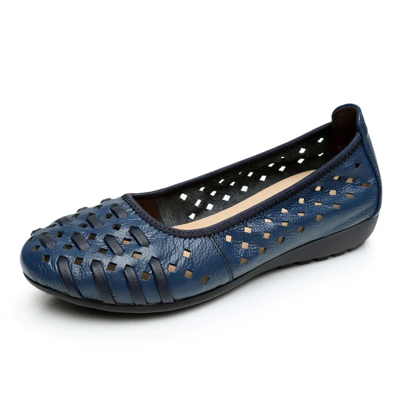WOIZGIC Mother Women Shoes Sandals Flats Hollow Out Genuine Leather Slip On Loafers Soft Summer Beach Vintage Plus Size 42 43