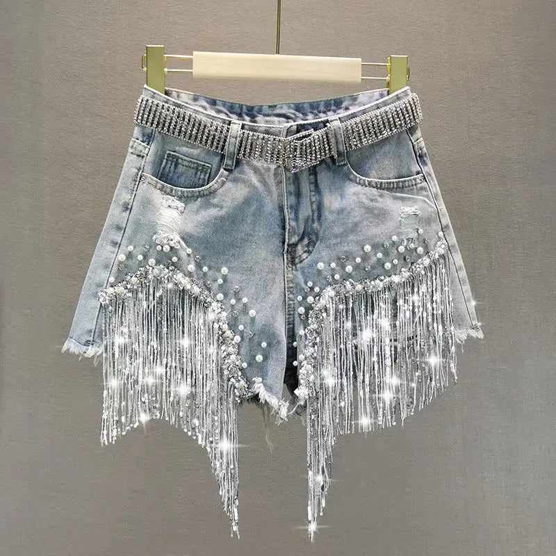 Elegant Tassel Beaded High Waist Denim Shorts – Wide-Leg Summer Jeans