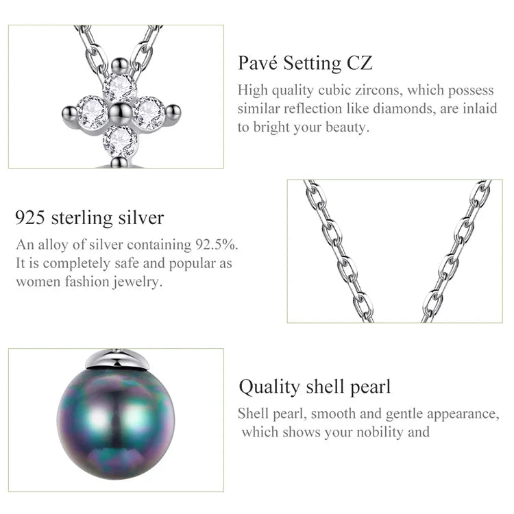 bamoer 925 Sterling Silver Elegant Black Pearl Earrings Necklace Shell Pearl Necklace Chain for Women Fine Jewelry Set BSN226