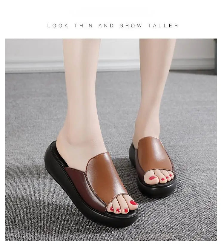 GrabliWorld Women’s Genuine Leather Platform Flip Flops – Summer 2025