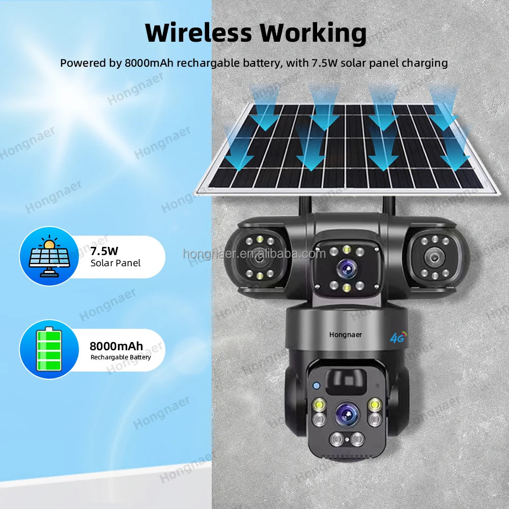 Hongnaer 9MP 3 Lens 4G Wireless Solar Panel Powered Surveil PTZ Camera V380 Pro Outdoor 4G Sim Card CCTV Solar Security Camera